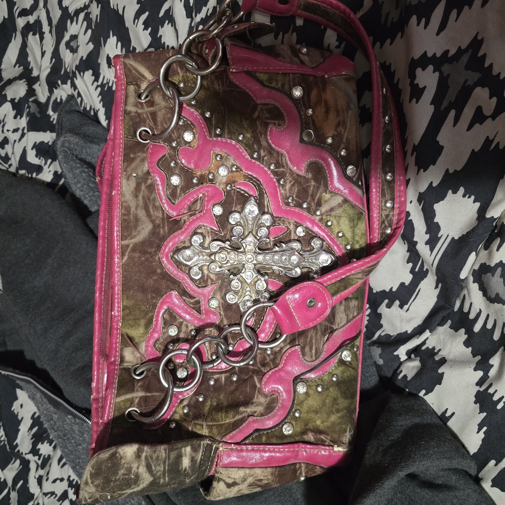 Pink and Brown Shoulder Bag with Gold Embellishments